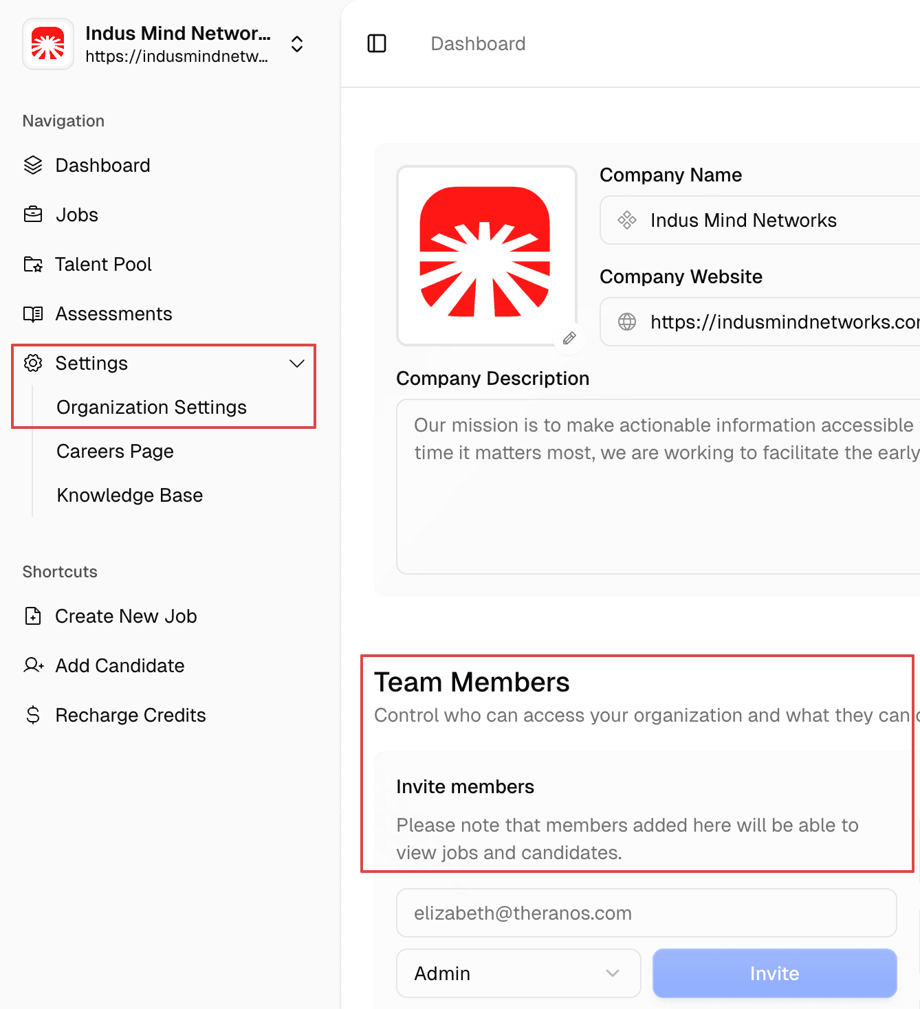 The Organization Members page listing each teammate with their role, alongside the Invite Member button