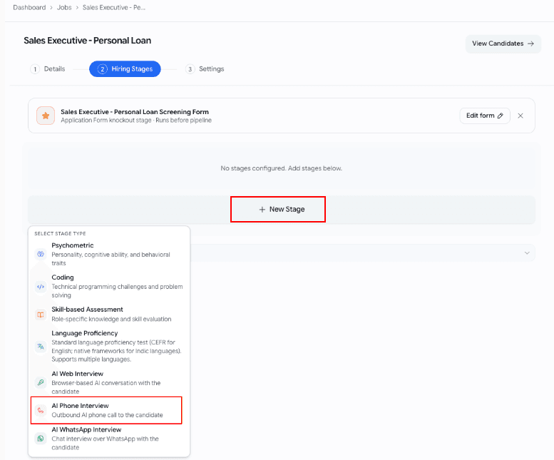 The voice assessment builder with AI Phone Interview selected, showing the interview script alongside the Phone Settings panel