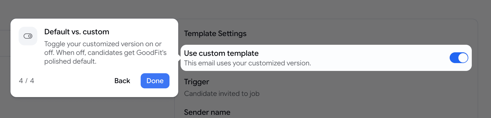 The email editor with a Use custom template toggle row spotlit and a card reading: Toggle your customized version on or off. When off, candidates get Goodfit's polished default — with Back and Done buttons