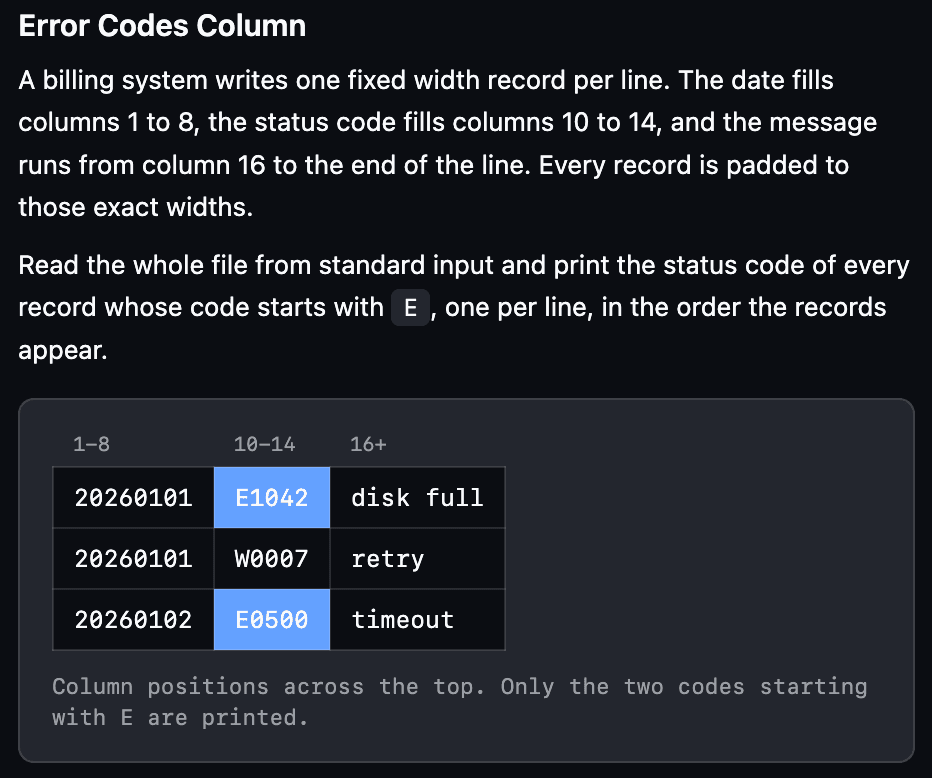 A Bash question's diagram: a table of log lines with dates, codes and messages, where the two codes starting with E are highlighted