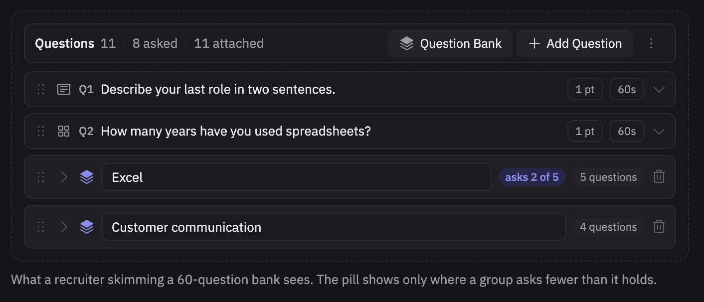 The same list with both skills closed. Excel shows a highlighted 'asks 2 of 5' label, Customer communication shows '4 questions'