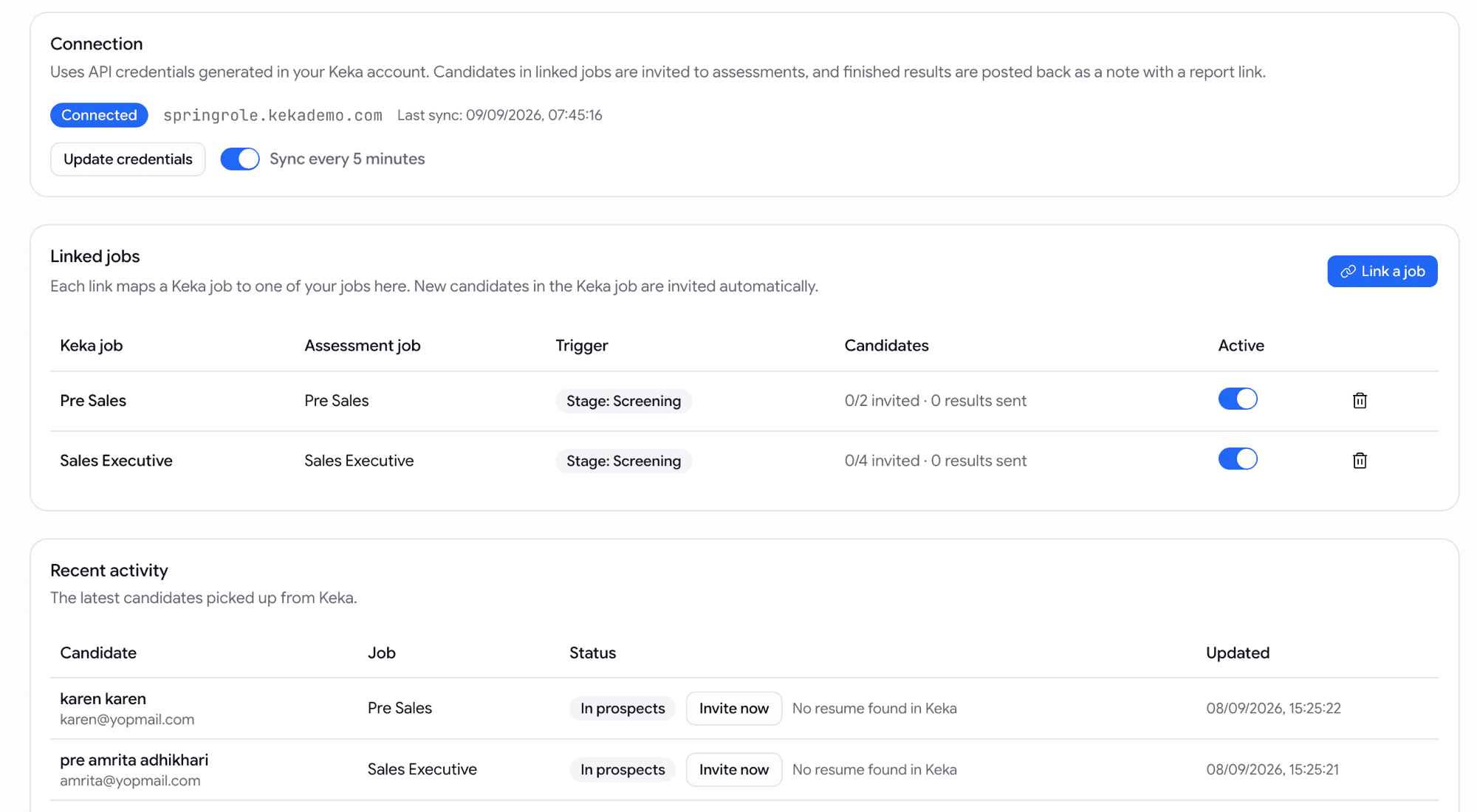 The Keka Hire integration page showing a connected tenant syncing every five minutes, two linked jobs with stage triggers, and a recent-activity table of candidates in prospects with Invite now buttons
